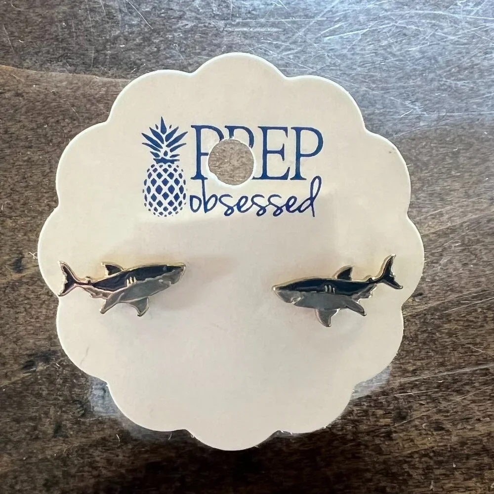 Prep Obsessed - Shark Enamel Stud Earrings - Picture 1 of 1